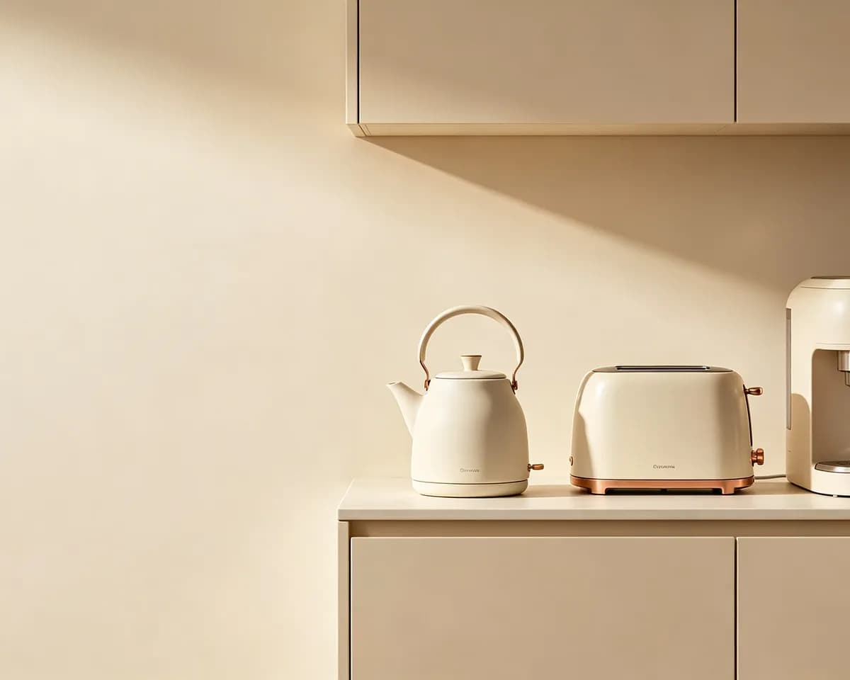 HomeAura matte kettles, toaster and coffee machine on a warm cream background